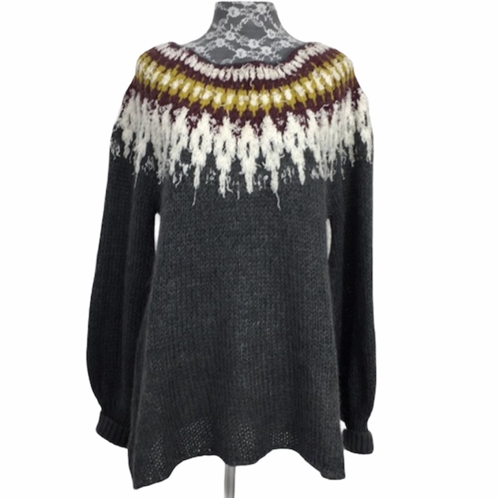 Free People Baltic Fair Isle Gray Fuzzy Sweater